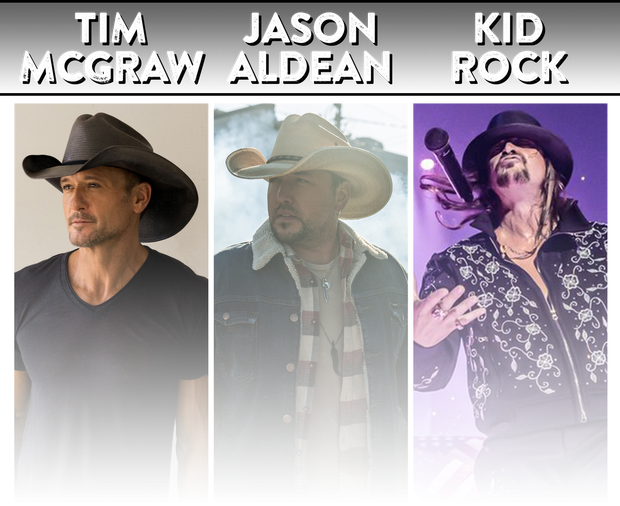 Tim McGraw, Jason Aldean, and Kid Rock on a poster graphic