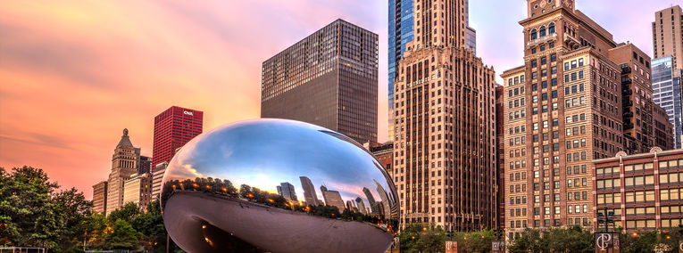 "The Bean" sculpture in Millennium Park in Chicago, Illinois.