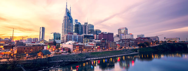 Nashville (Tennessee) downtown street at sunset.